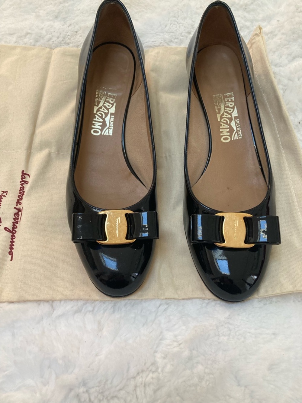 Salvatore Ferragamo Black Patent Leather Vara Bow Flats with Gold Hardware